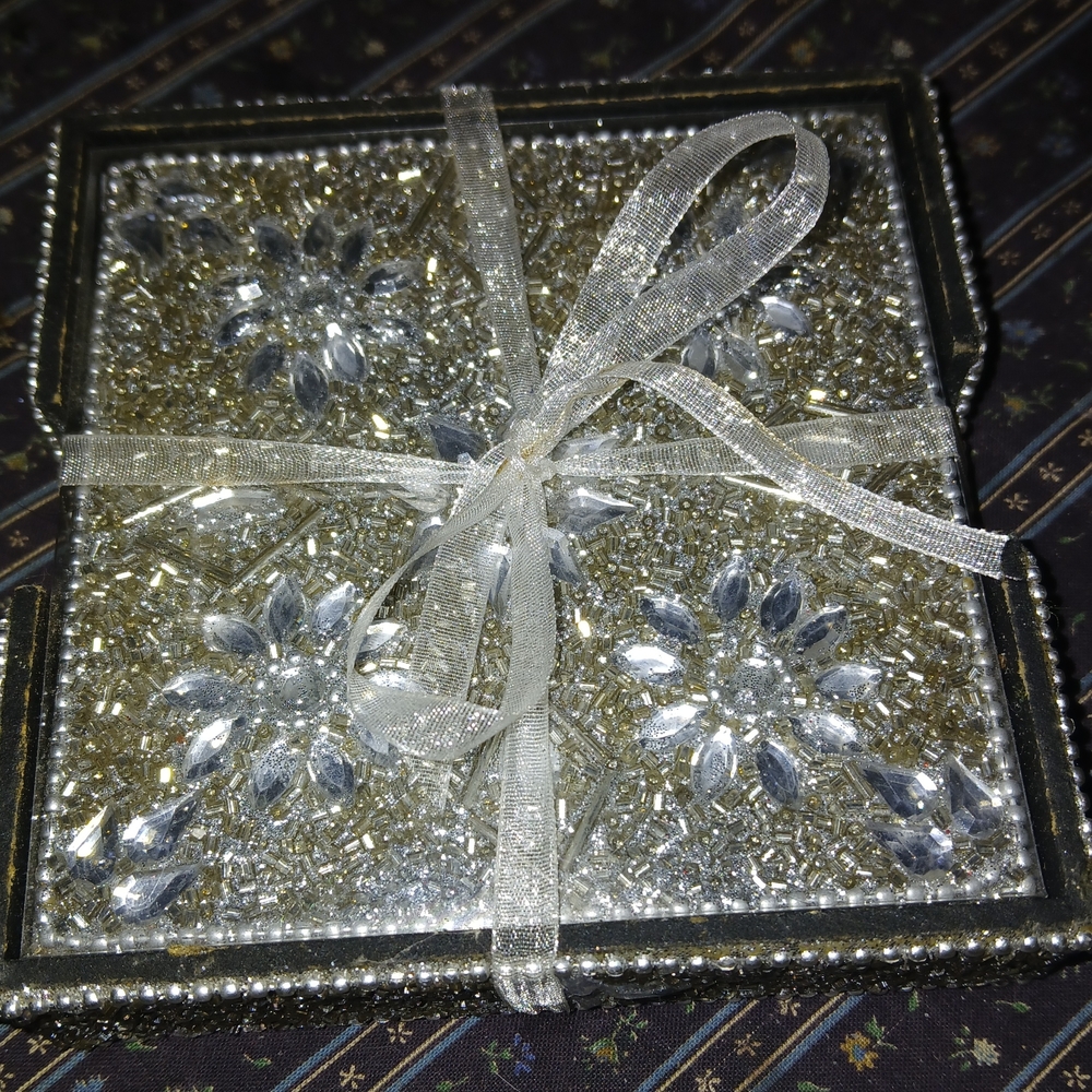 Coasters Set Beekman Rhinestone Crystals Silver Beaded Luxury Sparkle Bling